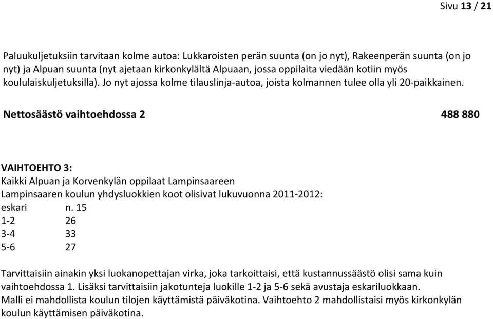 Nettosäästö vaihtoehdossa 2 488 880 VAIHTOEHTO 3: Kaikki Alpuan ja Korvenkylän oppilaat Lampinsaareen Lampinsaaren koulun yhdysluokkien koot olisivat lukuvuonna 2011 2012: eskari n.