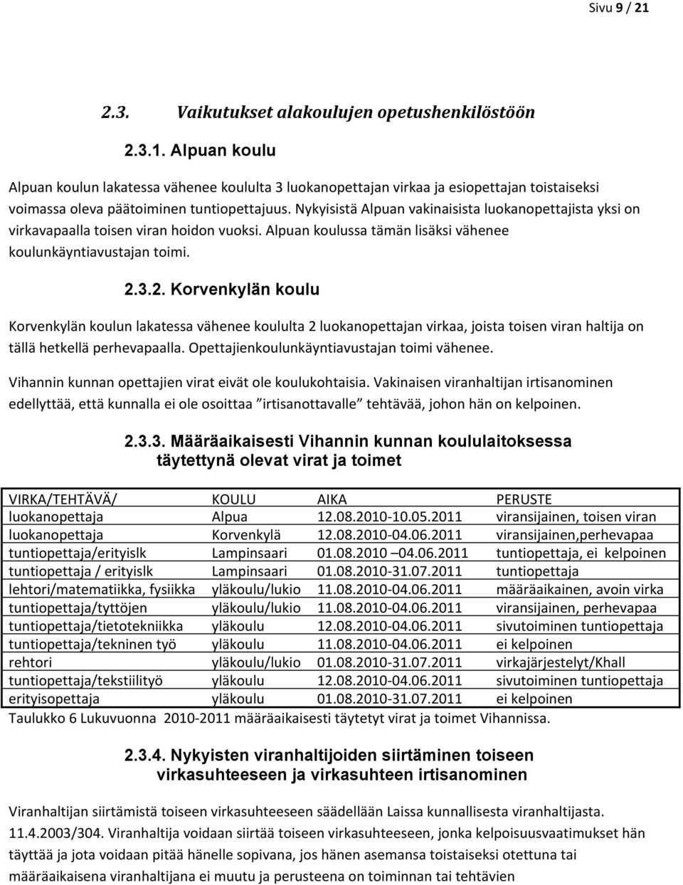 3.2. Korvenkylän koulu Korvenkylän koulun lakatessa vähenee koululta 2 luokanopettajan virkaa, joista toisen viran haltija on tällä hetkellä perhevapaalla.