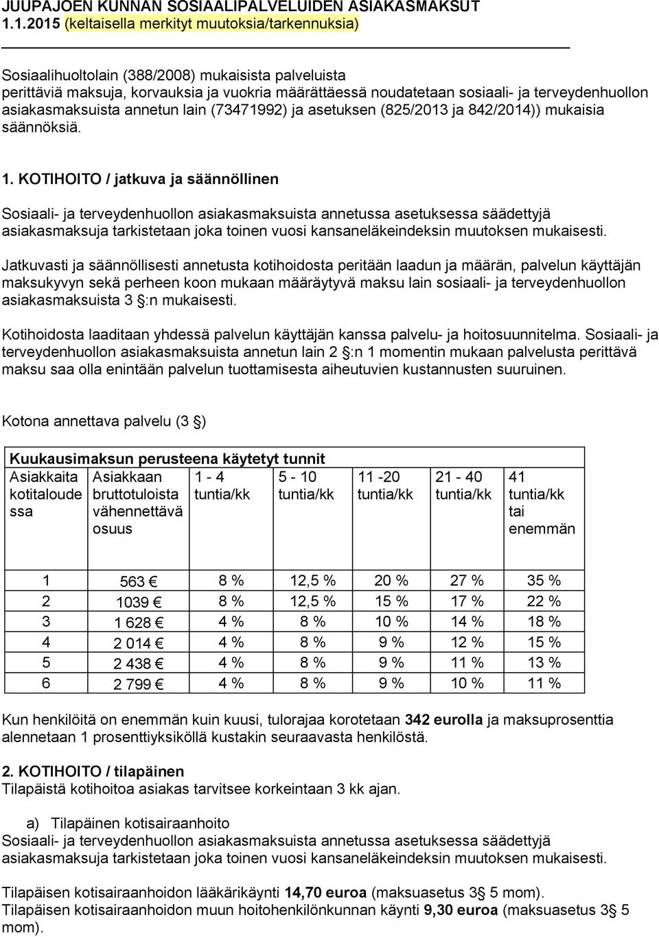 terveydenhuollon asiakasmaksuista annetun lain (73471992) ja asetuksen (825/2013 ja 842/2014)) mukaisia säännöksiä. 1.