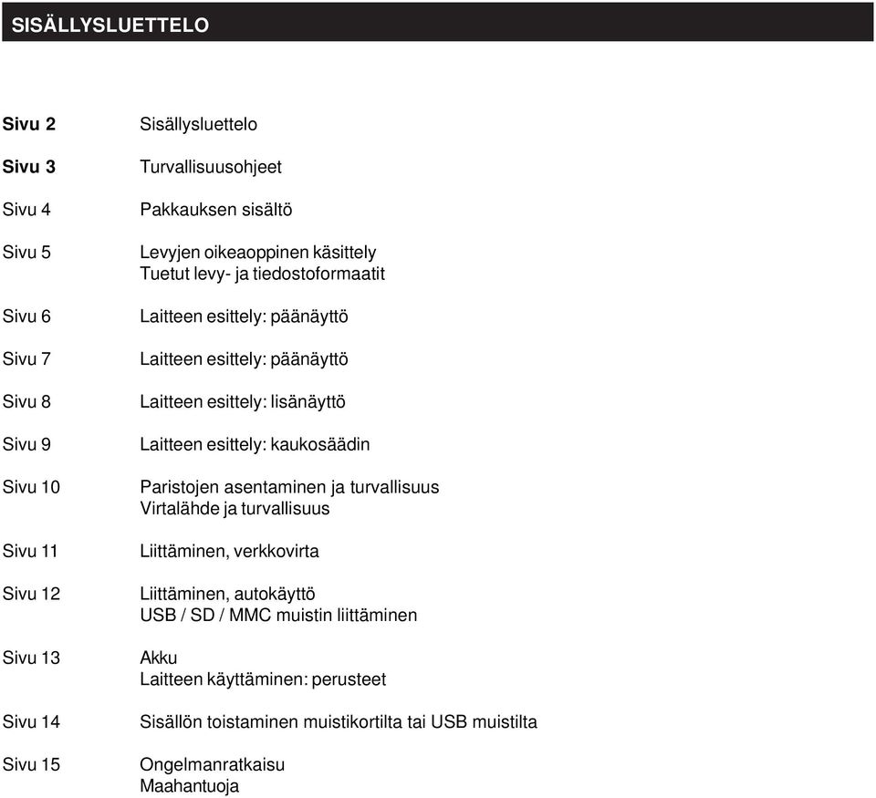 esittely: lisänäyttö Laitteen esittely: kaukosäädin Paristojen asentaminen ja turvallisuus Virtalähde ja turvallisuus Liittäminen, verkkovirta Liittäminen,