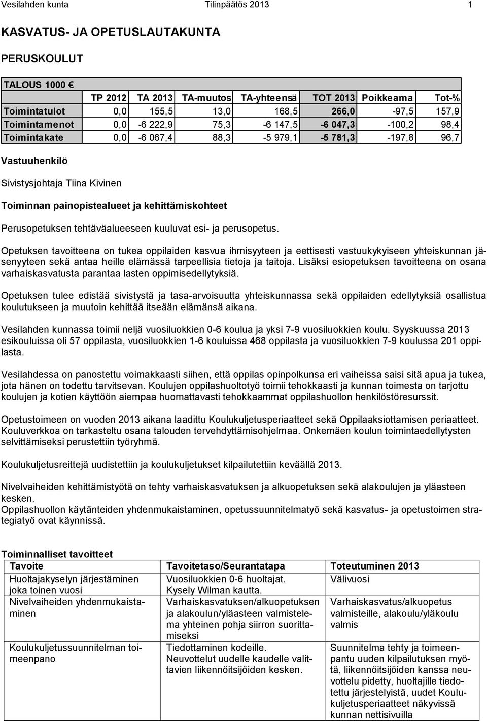 kehittämiskohteet Perusopetuksen tehtäväalueeseen kuuluvat esi- ja perusopetus.