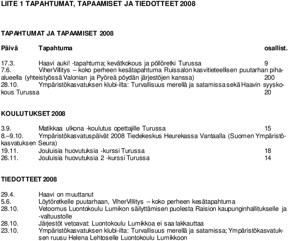 Ympäristökasvatuksen klubi-ilta: Turvallisuus merellä ja satamissa sekä Haavin syyskokous Turussa 20 KOULUTUKSET 2008 3.9. Matikkaa ulkona -koulutus opettajille Turussa 15 8. 9.10.