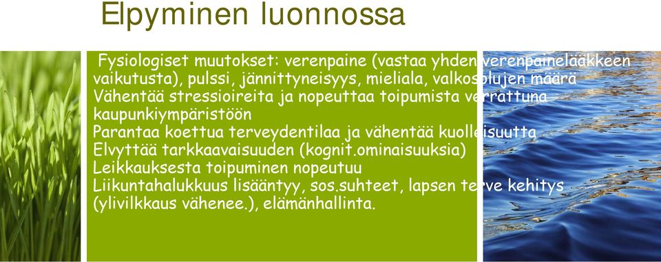 kaupunkiympäristöön Parantaa koettua terveydentilaa ja vähentää kuolleisuutta Elvyttää tarkkaavaisuuden (kognit.