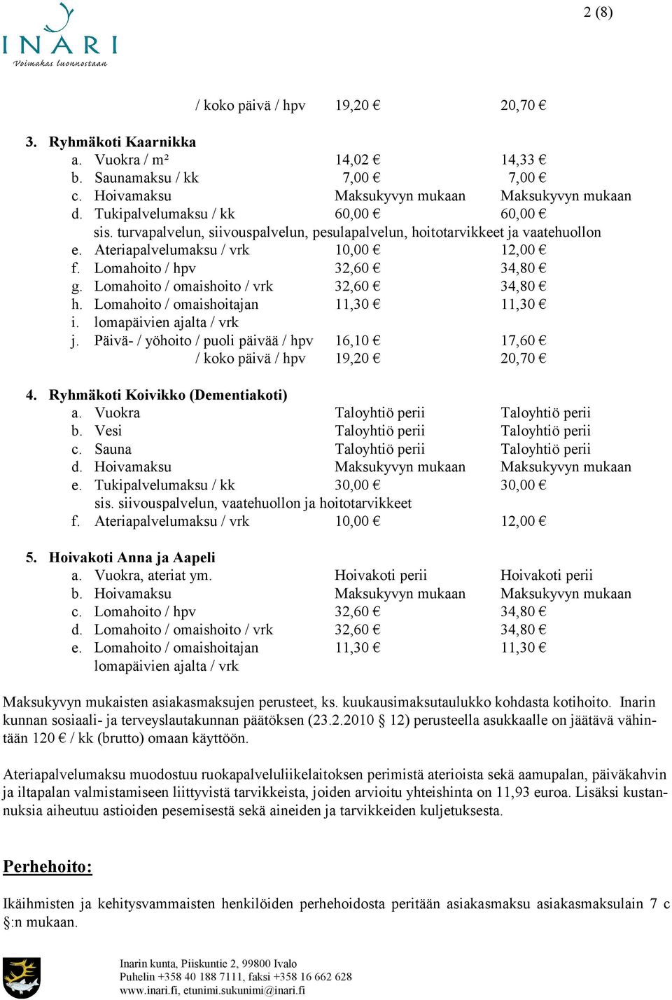 Lomahoito / omaishoito / vrk 32,60 34,80 h. Lomahoito / omaishoitajan 11,30 11,30 i. lomapäivien ajalta / vrk j. Päivä- / yöhoito / puoli päivää / hpv 16,10 17,60 / koko päivä / hpv 19,20 20,70 4.