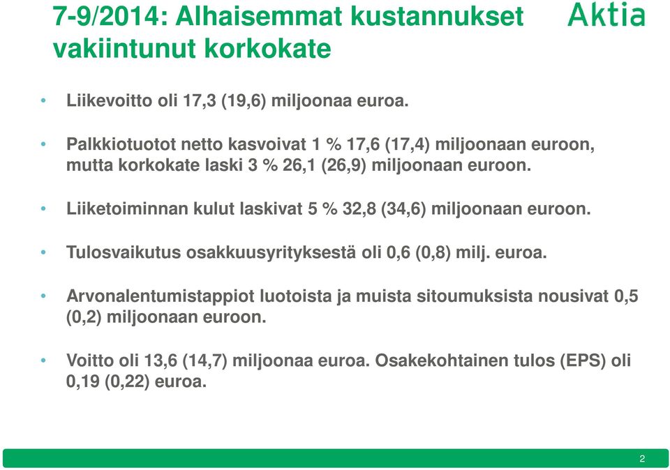 Liiketoiminnan kulut laskivat 5 % 32,8 (34,6) miljoonaan euroon. Tulosvaikutus osakkuusyrityksestä oli 0,6 (0,8) milj. euroa.