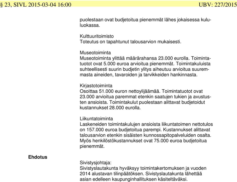 Toimintakuluista suhteellisesti suurin budjetin ylitys aiheutuu arvioitua suuremmasta aineiden, tavaroiden ja tarvikkeiden hankinnasta. Kirjastotoiminta Osoittaa 51.000 euron nettoylijäämää.