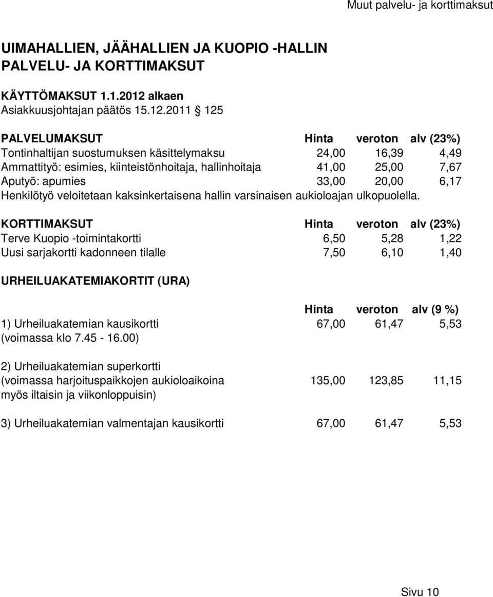 2011 125 PALVELUMAKSUT Hinta veroton alv (23%) Tontinhaltijan suostumuksen käsittelymaksu 24,00 16,39 4,49 Ammattityö: esimies, kiinteistönhoitaja, hallinhoitaja 41,00 25,00 7,67 Aputyö: apumies