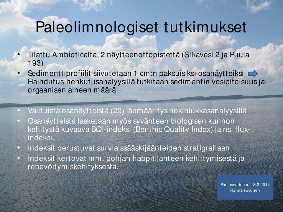 nokihiukkasanalyysillä Osanäytteistä lasketaan myös syvänteen biologisen kunnon kehitystä kuvaava BQI-indeksi (Benthic Quality Index) ja ns. fluxindeksi.