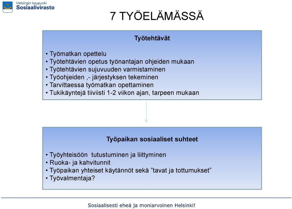 opettaminen Tukikäyntejä tiiviisti 1-2 viikon ajan, tarpeen mukaan Työpaikan sosiaaliset suhteet