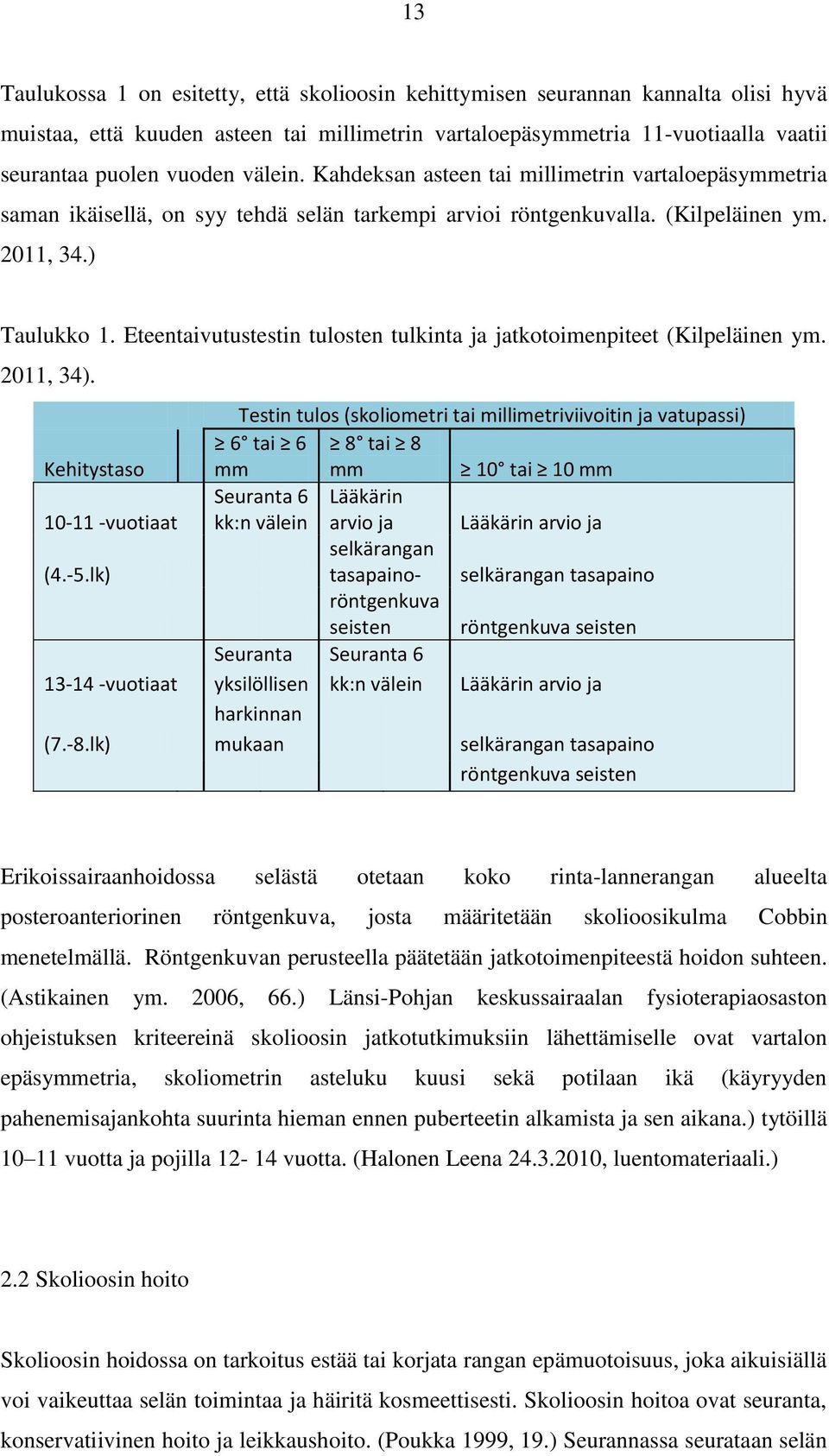 Eteentaivutustestin tulosten tulkinta ja jatkotoimenpiteet (Kilpeläinen ym. 2011, 34). Kehitystaso 10-11 -vuotiaat (4.-5.lk) 13-14 -vuotiaat (7.-8.