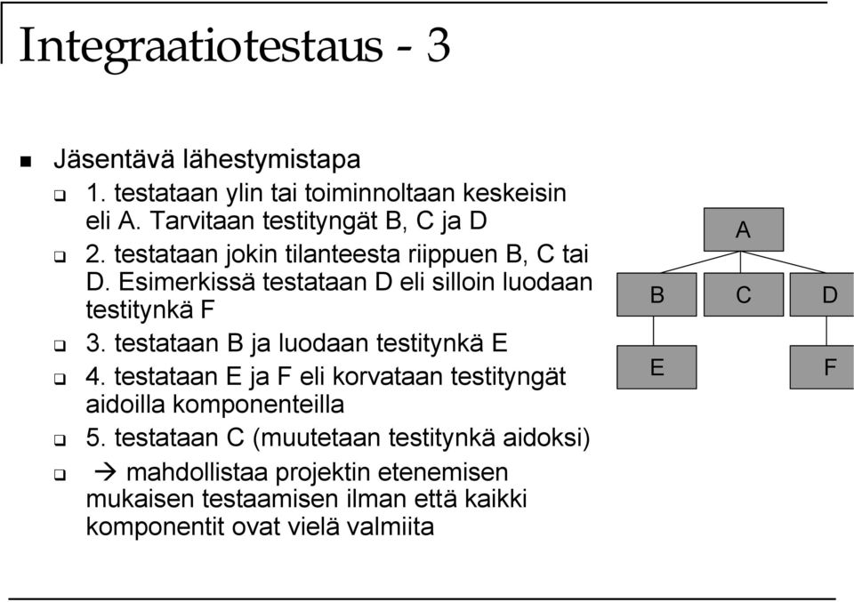 Esimerkissä testataan D eli silloin luodaan testitynkä F 3. testataan B ja luodaan testitynkä E 4.