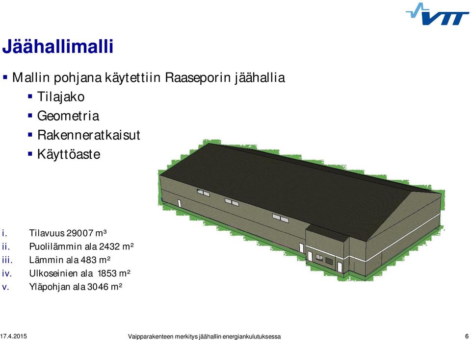 Tilavuus 29007 m³ ii. Puolilämmin ala 2432 m² iii.