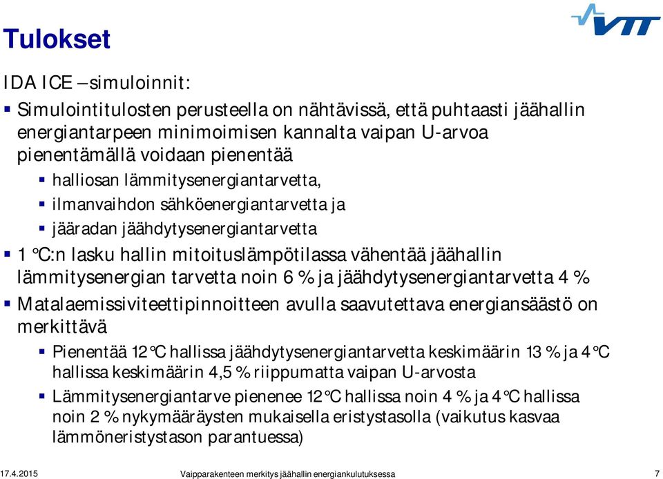 jäähdytysenergiantarvetta 4 % Matalaemissiviteettipinnoitteen avulla saavutettava energiansäästö on merkittävä Pienentää 12 C hallissa jäähdytysenergiantarvetta keskimäärin 13 % ja 4 C hallissa