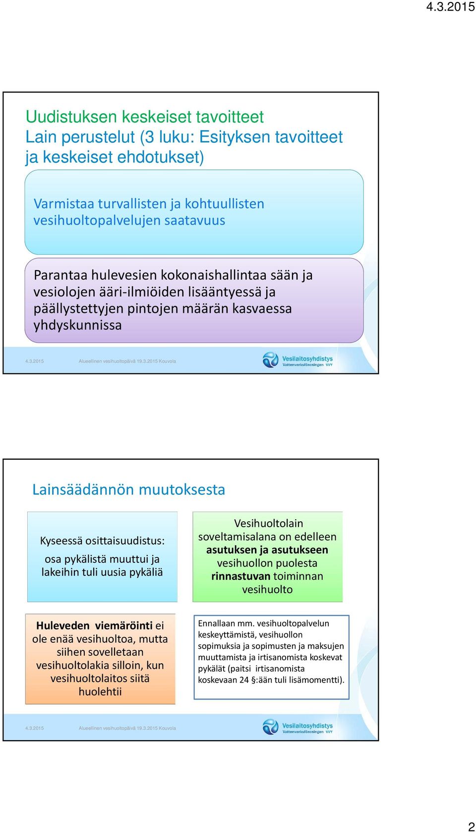 ja lakeihin tuli uusia pykäliä Vesihuoltolain soveltamisalana on edelleen asutuksen ja asutukseen vesihuollon puolesta rinnastuvan toiminnan vesihuolto Huleveden viemäröinti ei ole enää vesihuoltoa,