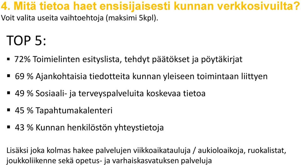 toimintaan liittyen 49 % Sosiaali- ja terveyspalveluita koskevaa tietoa 45 % Tapahtumakalenteri 43 % Kunnan henkilöstön