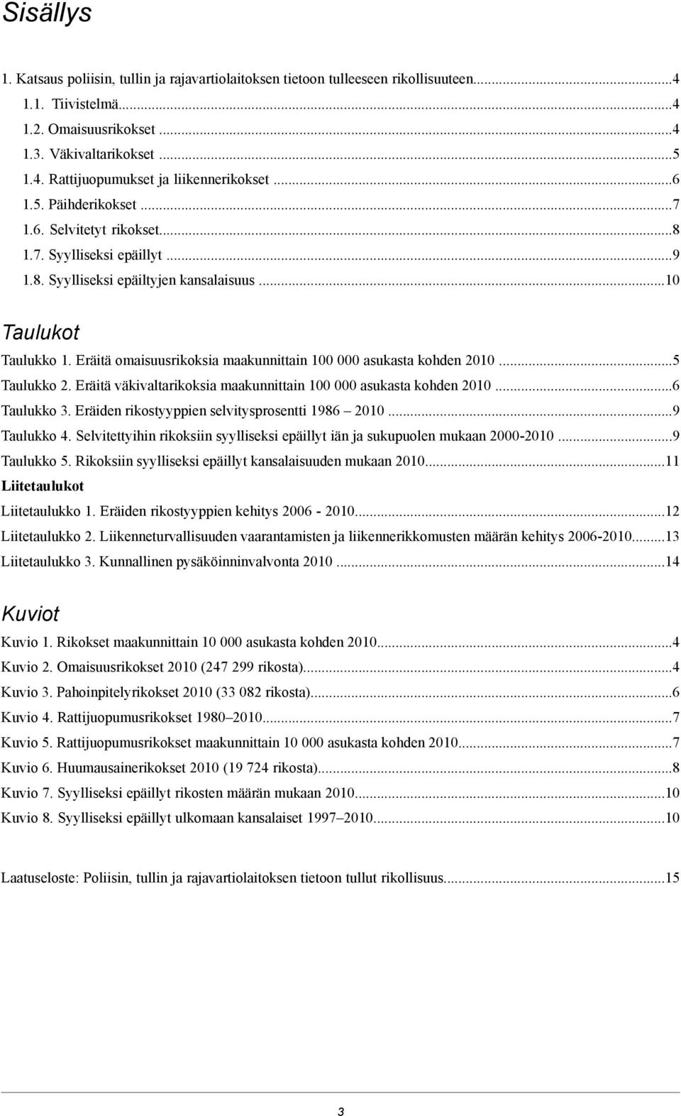 Eräitä omaisuusrikoksia maakunnittain 100 000 asukasta kohden 2010...5 Taulukko 2. Eräitä väkivaltarikoksia maakunnittain 100 000 asukasta kohden 2010...6 Taulukko 3.