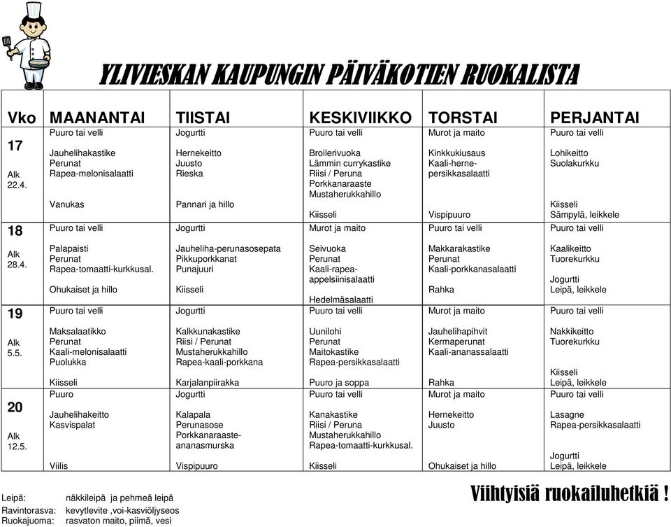 Pikkuporkkanat Kalkkunakastike Riisi / Rapea-kaali-porkkana Karjalanpiirakka Kalapala ananasmurska Broilerivuoka Lämmin