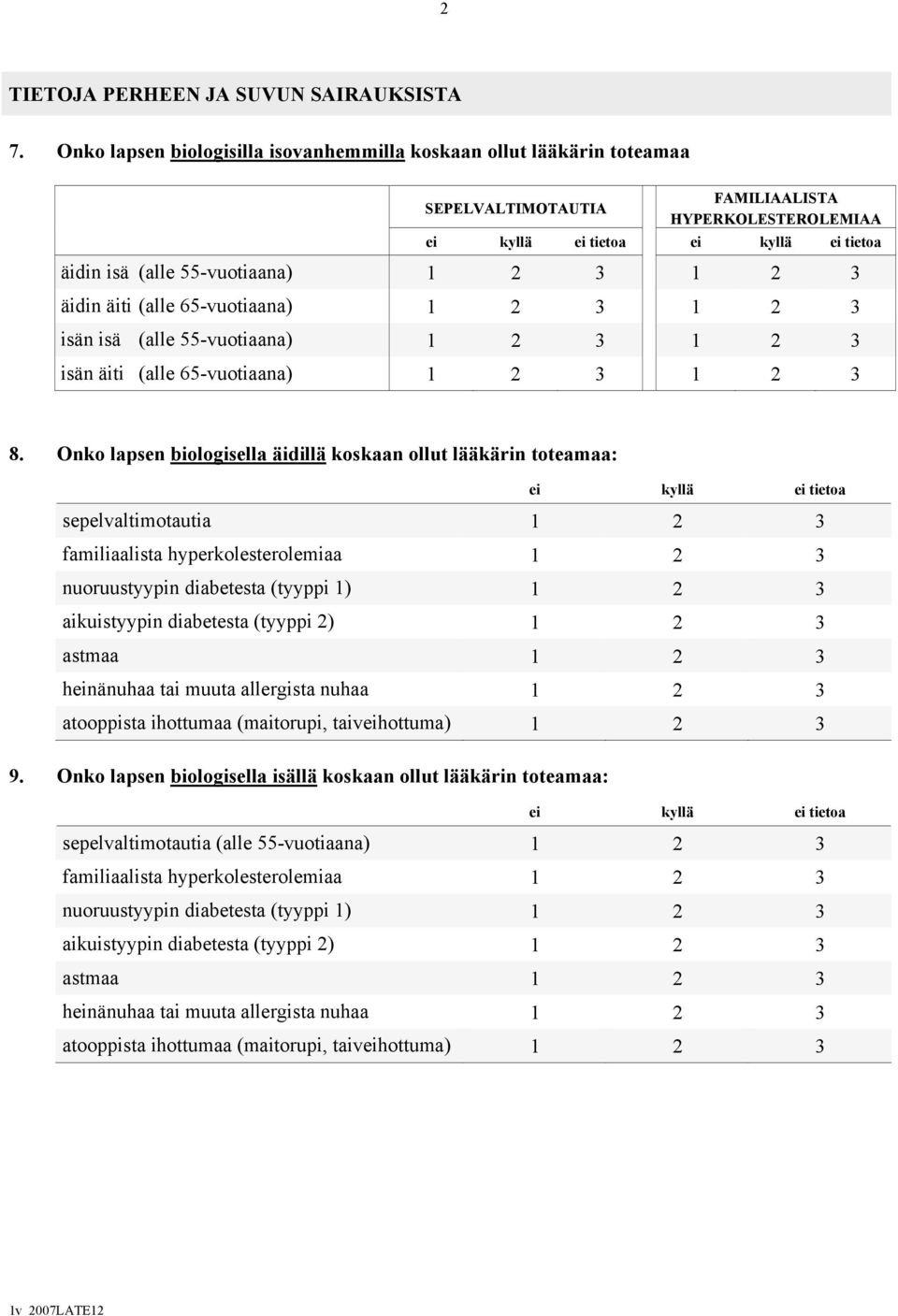 1 2 3 äidin äiti (alle 65-vuotiaana) 1 2 3 1 2 3 isän isä (alle 55-vuotiaana) 1 2 3 1 2 3 isän äiti (alle 65-vuotiaana) 1 2 3 1 2 3 8.