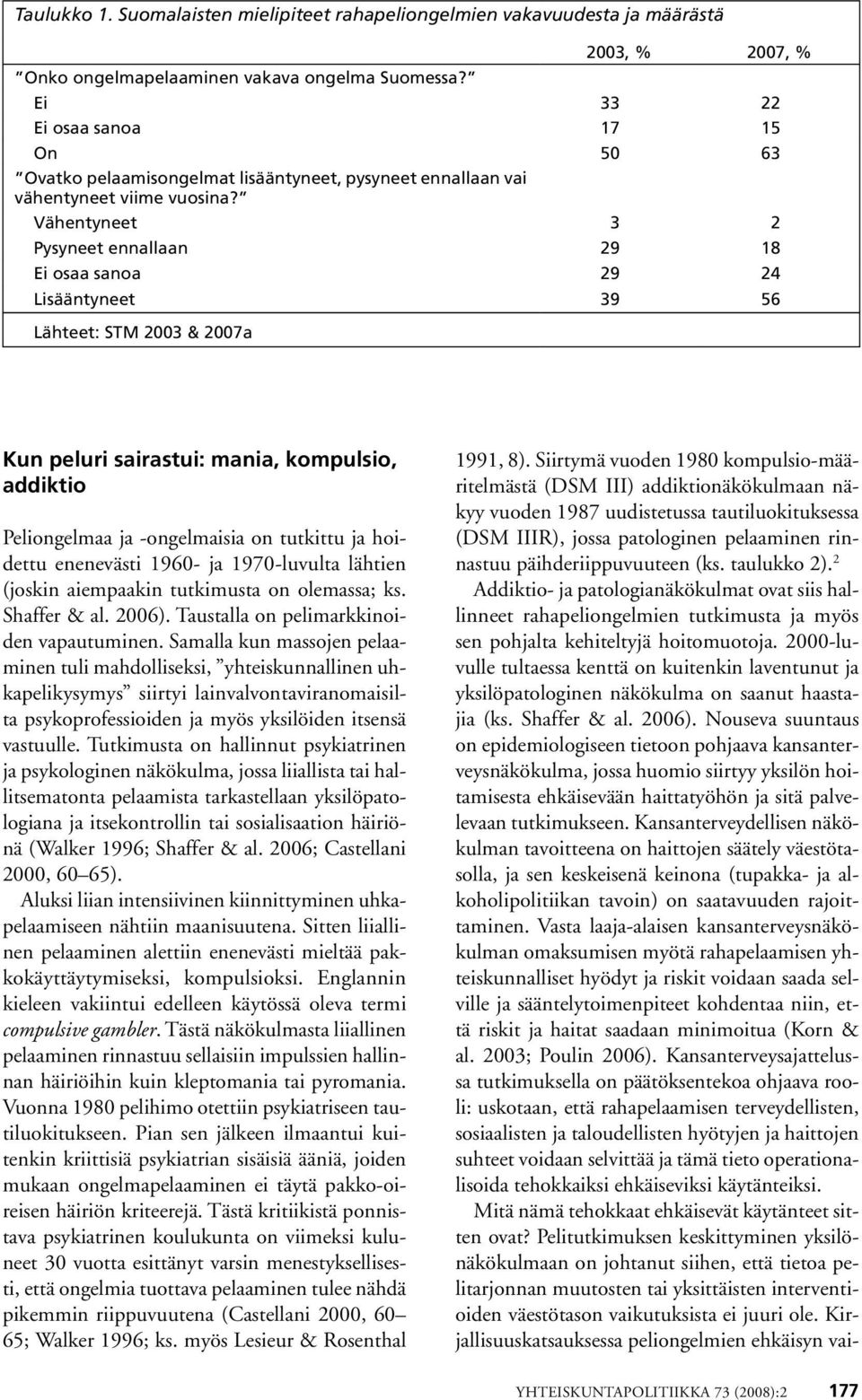 Vähentyneet 3 2 Pysyneet ennallaan 29 18 Ei osaa sanoa 29 24 Lisääntyneet 39 56 Lähteet: STM 2003 & 2007a Kun peluri sairastui: mania, kompulsio, addiktio Peliongelmaa ja -ongelmaisia on tutkittu ja