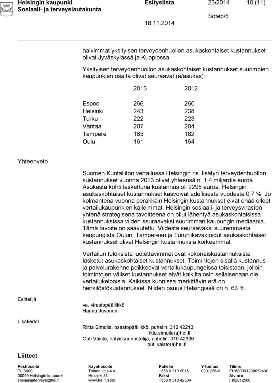 182 Oulu 161 164 Yhteenveto Suomen Kuntaliiton vertailussa Helsingin ns. lisätyn terveydenhuollon kustannukset vuonna 2013 olivat yhteensä n. 1,4 miljardia euroa.