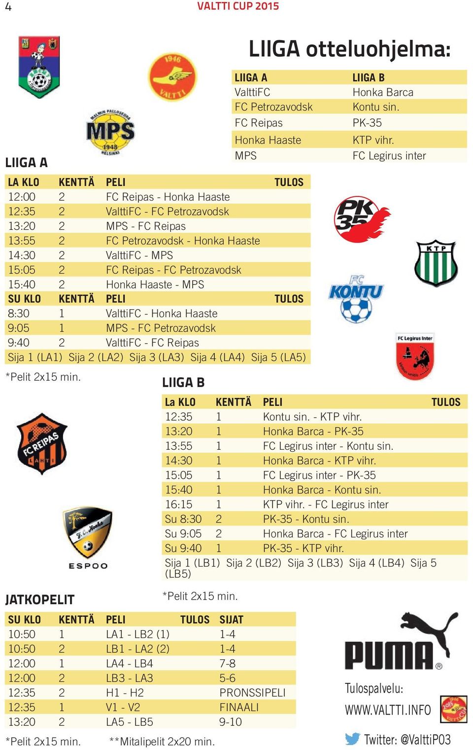 Haaste 9:05 1 MPS - FC Petrozavodsk 9:40 2 ValttiFC - FC Reipas Sija 1 (LA1) Sija 2 (LA2) Sija 3 (LA3) Sija 4 (LA4) Sija 5 (LA5) LIIGA B LIIGA B Honka Barca Kontu sin. PK-35 KTP vihr.