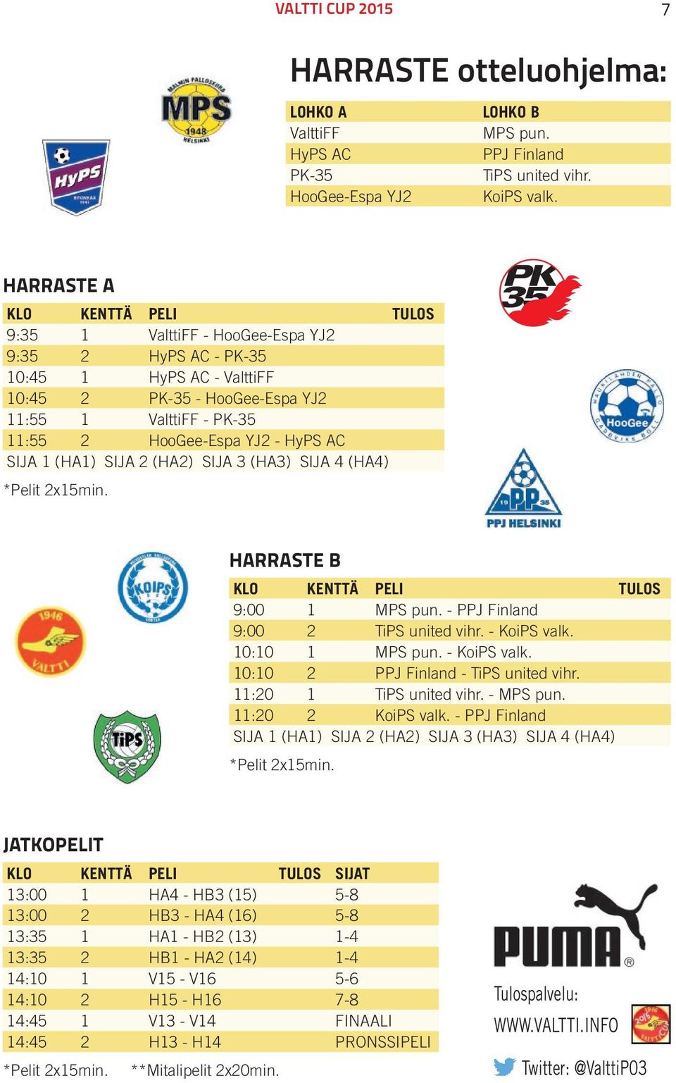 HyPS AC SIJA 1 (HA1) SIJA 2 (HA2) SIJA 3 (HA3) SIJA 4 (HA4) *Pelit 2x15min. HARRASTE B KLO KENTTÄ PELI TULOS 9:00 1 MPS pun. - PPJ Finland 9:00 2 TiPS united vihr. - KoiPS valk. 10:10 1 MPS pun.