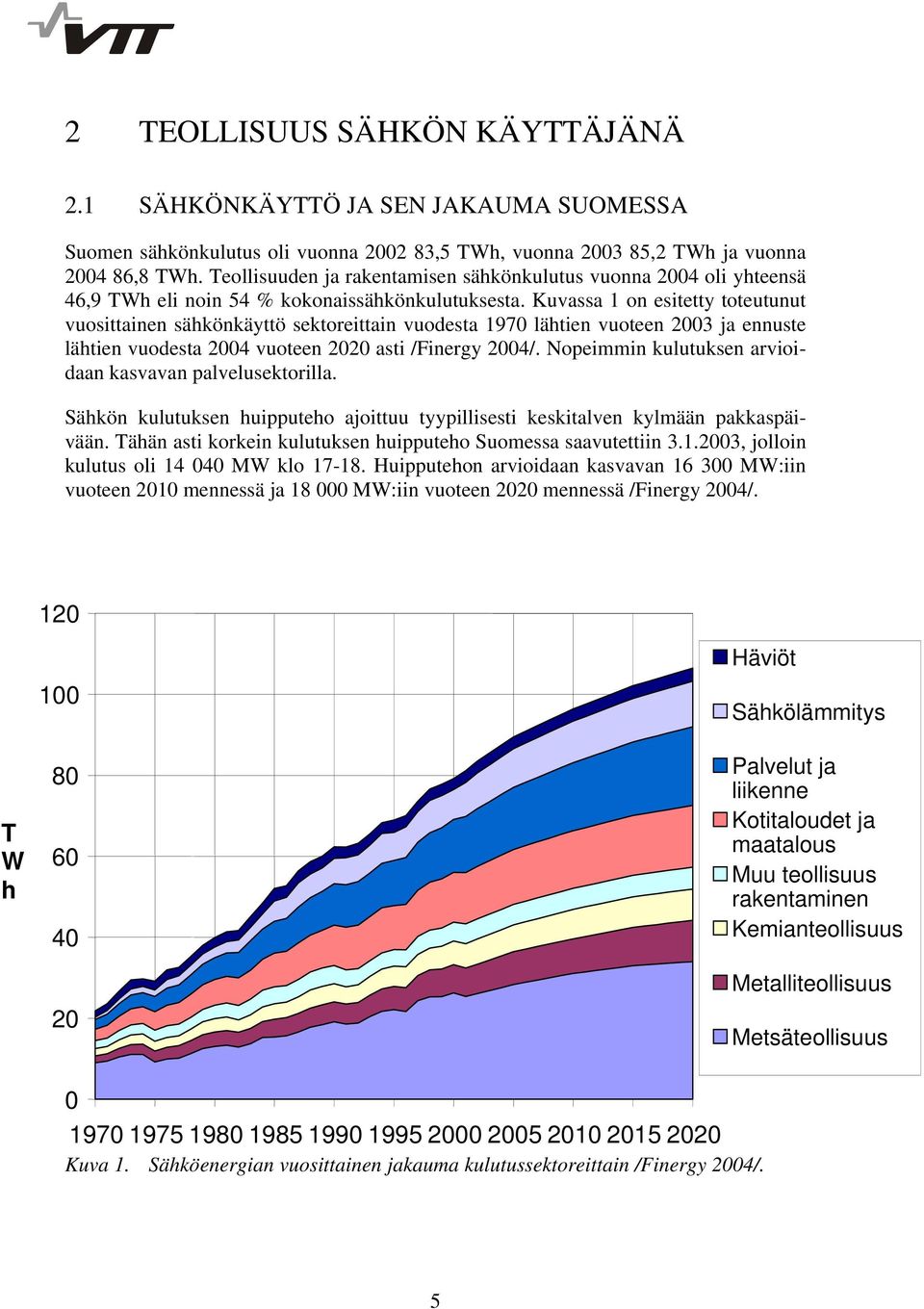 Kuvassa 1 on esitetty toteutunut vuosittainen sähkönkäyttö sektoreittain vuodesta 1970 lähtien vuoteen 2003 ja ennuste lähtien vuodesta 2004 vuoteen 2020 asti /Finergy 2004/.