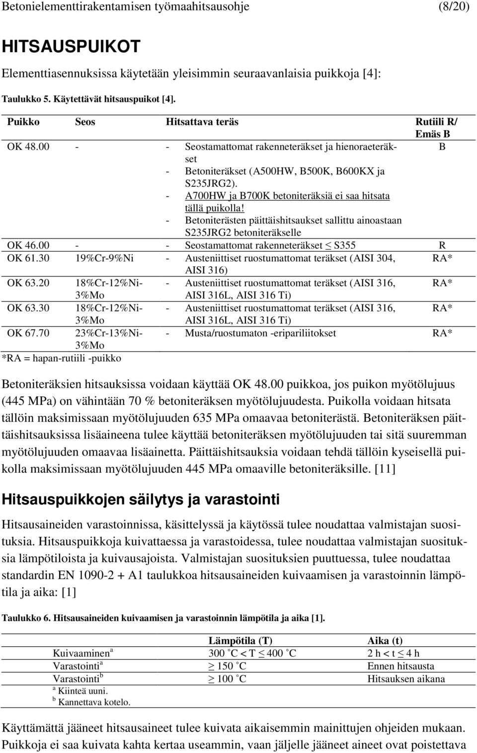 - A700HW ja B700K betoniteräksiä ei saa hitsata tällä puikolla! - Betoniterästen päittäishitsaukset sallittu ainoastaan S235JRG2 betoniteräkselle OK 46.