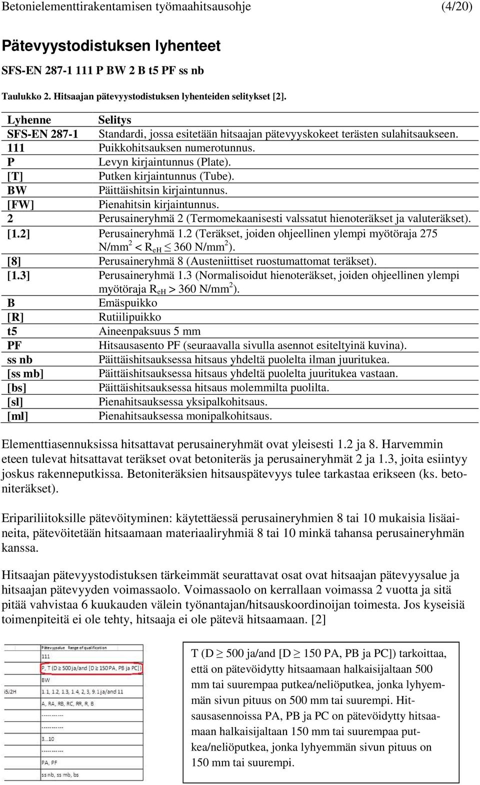 [T] Putken kirjaintunnus (Tube). BW Päittäishitsin kirjaintunnus. [FW] Pienahitsin kirjaintunnus. 2 Perusaineryhmä 2 (Termomekaanisesti valssatut hienoteräkset ja valuteräkset). [1.