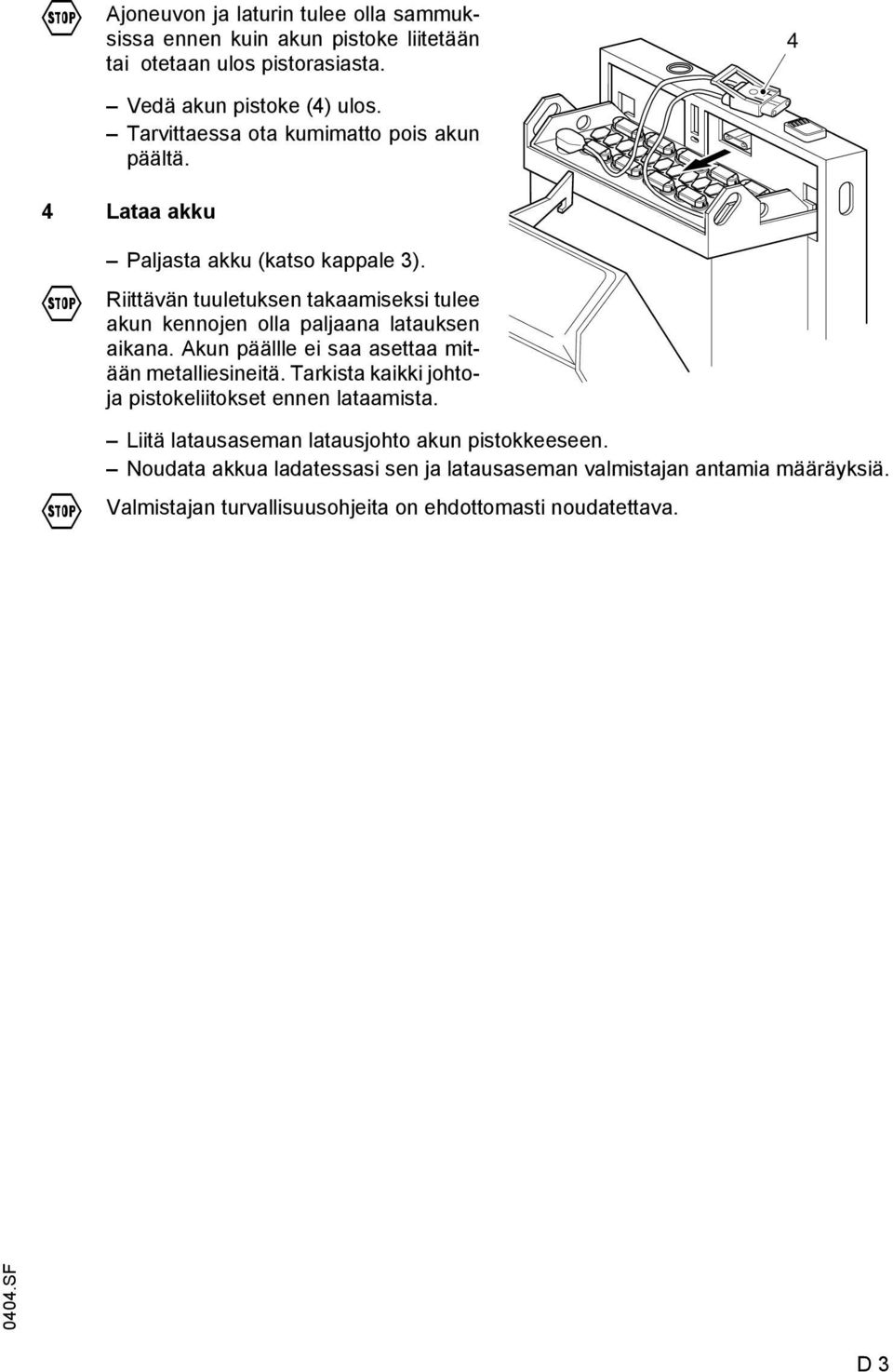 Riittävän tuuletuksen takaamiseksi tulee akun kennojen olla paljaana latauksen aikana. Akun päällle ei saa asettaa mitään metalliesineitä.