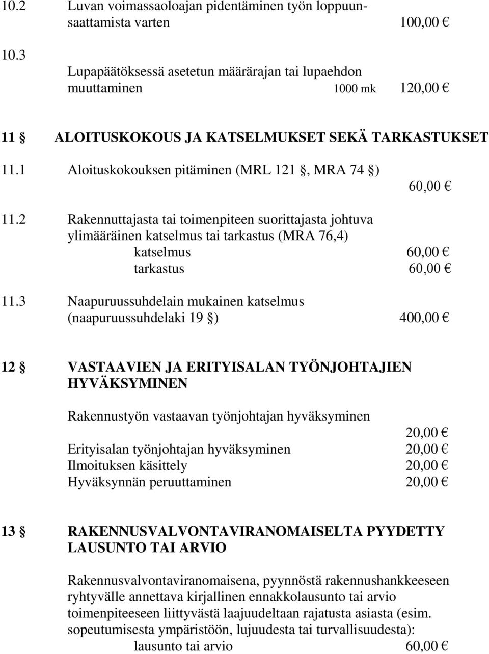 2 Rakennuttajasta tai toimenpiteen suorittajasta johtuva ylimääräinen katselmus tai tarkastus (MRA 76,4) katselmus 60,00 tarkastus 60,00 11.