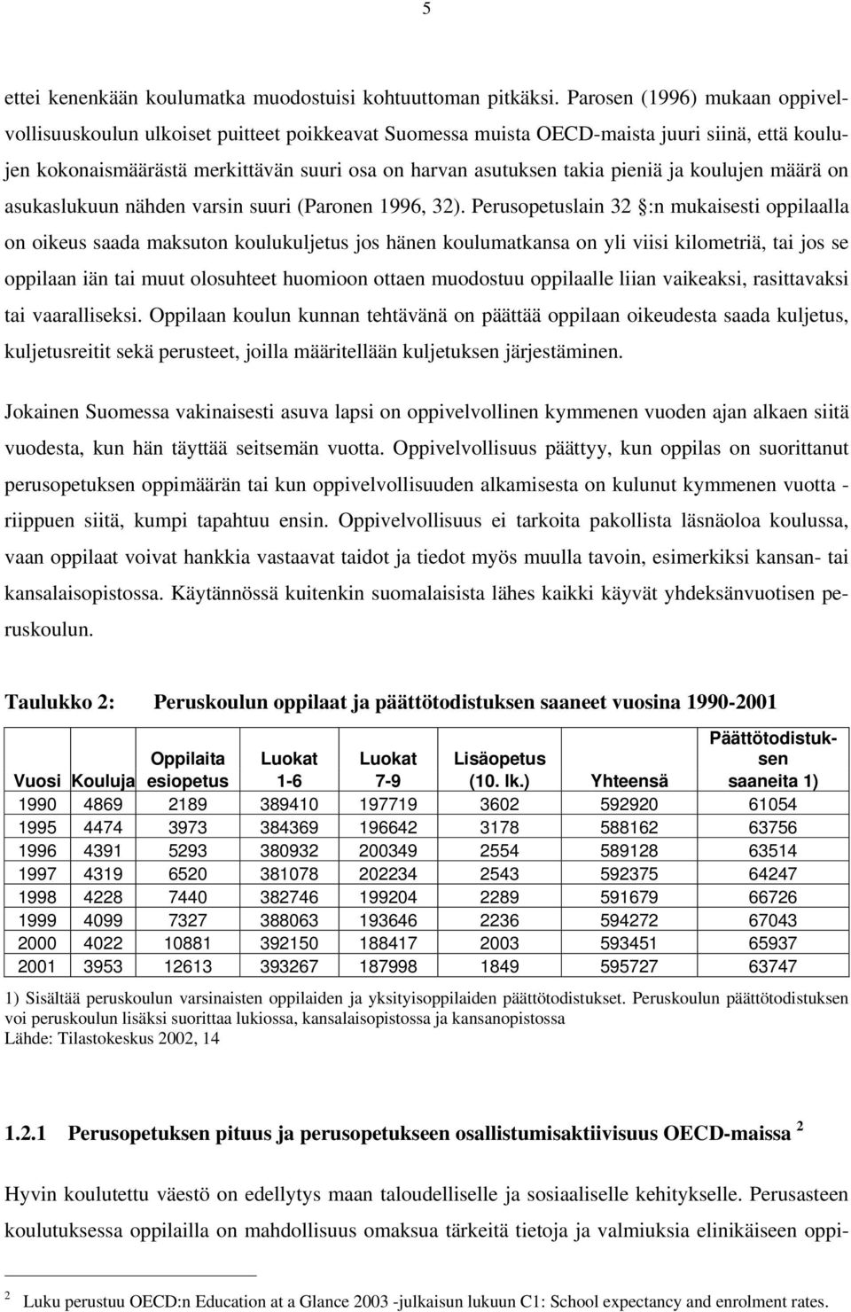 pieniä ja koulujen määrä on asukaslukuun nähden varsin suuri (Paronen 1996, 32).