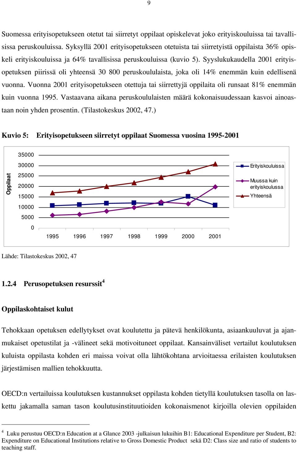 Syyslukukaudella 2001 erityisopetuksen piirissä oli yhteensä 30 800 peruskoululaista, joka oli 14% enemmän kuin edellisenä vuonna.