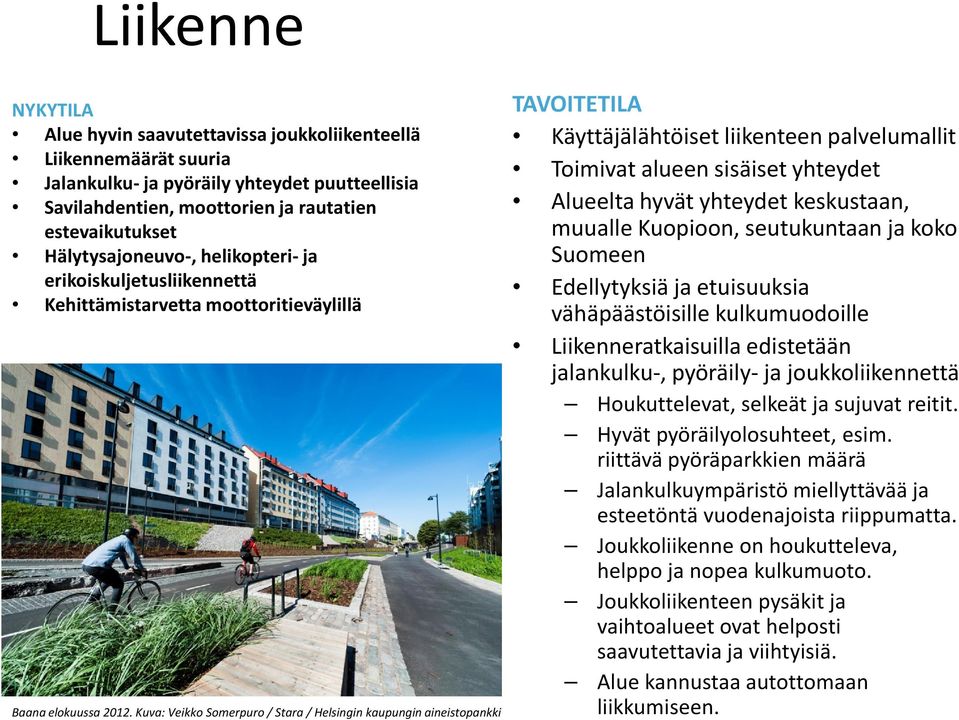 Kuva: Veikko Somerpuro / Stara / Helsingin kaupungin aineistopankki TAVOITETILA Käyttäjälähtöiset liikenteen palvelumallit Toimivat alueen sisäiset yhteydet Alueelta hyvät yhteydet keskustaan,