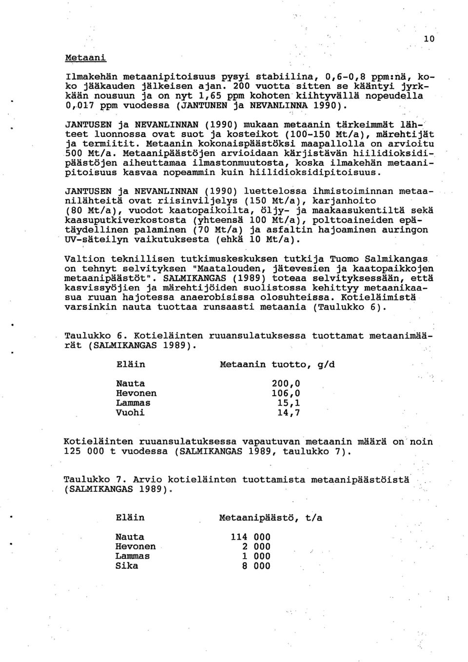 JANTUSEN ja NEVANLINNAN (1990) mukaan metaanin tärkeimmät lähteet luonnossa ovat suot ja kosteikot (100-150 Mt/a), märehtijät ja termiitit. Metaanin kokonaispäästöksi maapallolla on arvioitu 500 Mt/a.