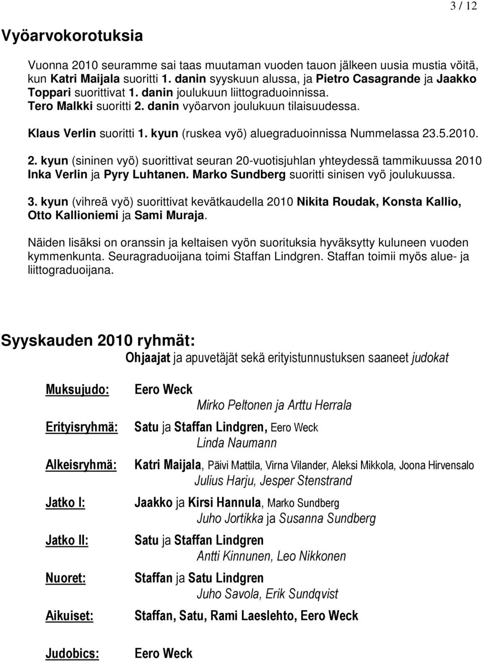 Klaus Verlin suoritti 1. kyun (ruskea vyö) aluegraduoinnissa Nummelassa 23.5.2010. 2. kyun (sininen vyö) suorittivat seuran 20-vuotisjuhlan yhteydessä tammikuussa 2010 Inka Verlin ja Pyry Luhtanen.