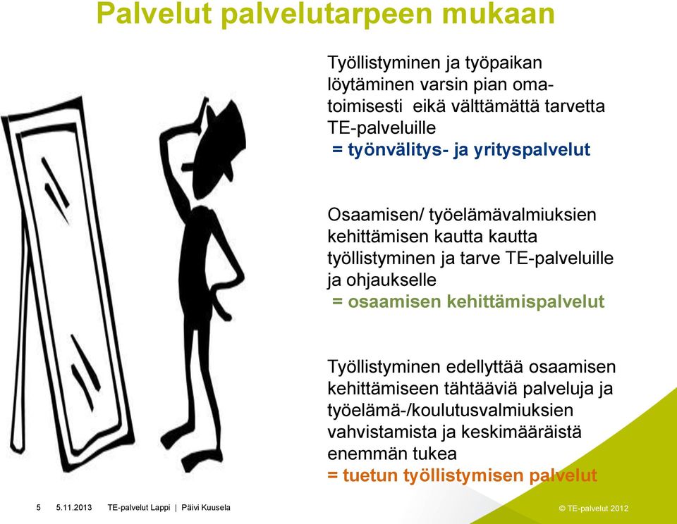 TE-palveluille ja ohjaukselle = osaamisen kehittämispalvelut Työllistyminen edellyttää osaamisen kehittämiseen tähtääviä palveluja ja