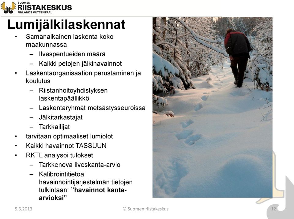 Jälkitarkastajat Tarkkailijat tarvitaan optimaaliset lumiolot Kaikki havainnot TASSUUN RKTL analysoi tulokset Tarkkeneva