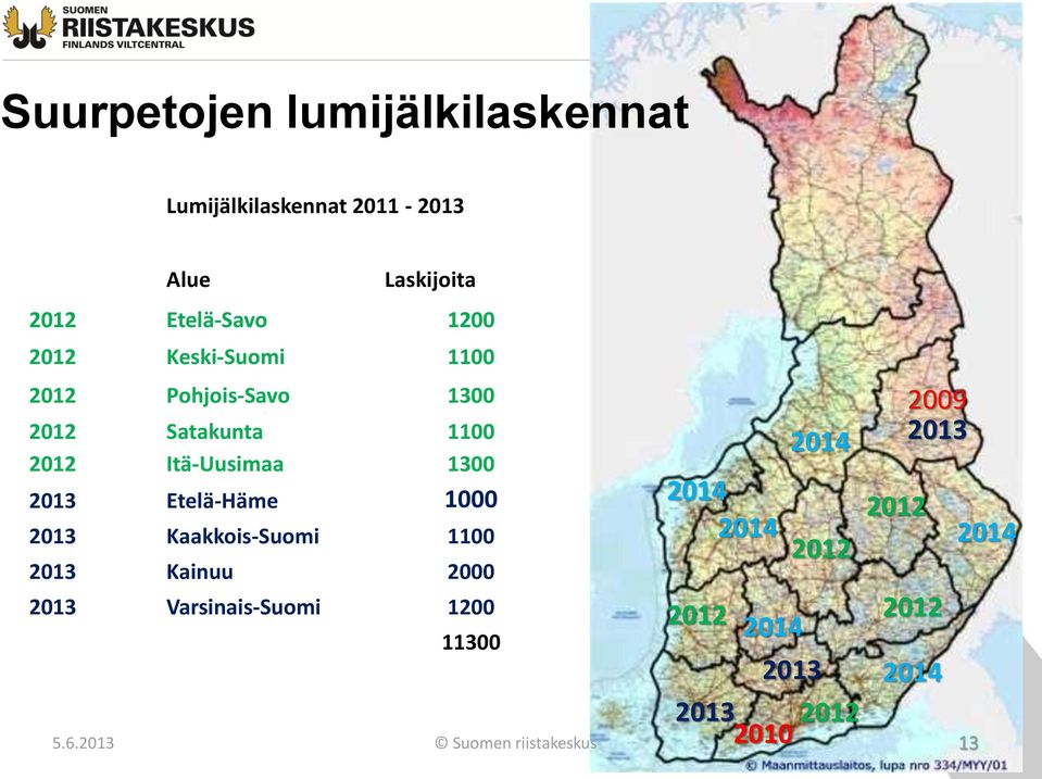 Etelä-Häme 1000 2013 Kaakkois-Suomi 1100 2013 Kainuu 2000 2013 Varsinais-Suomi 1200 11300 2014