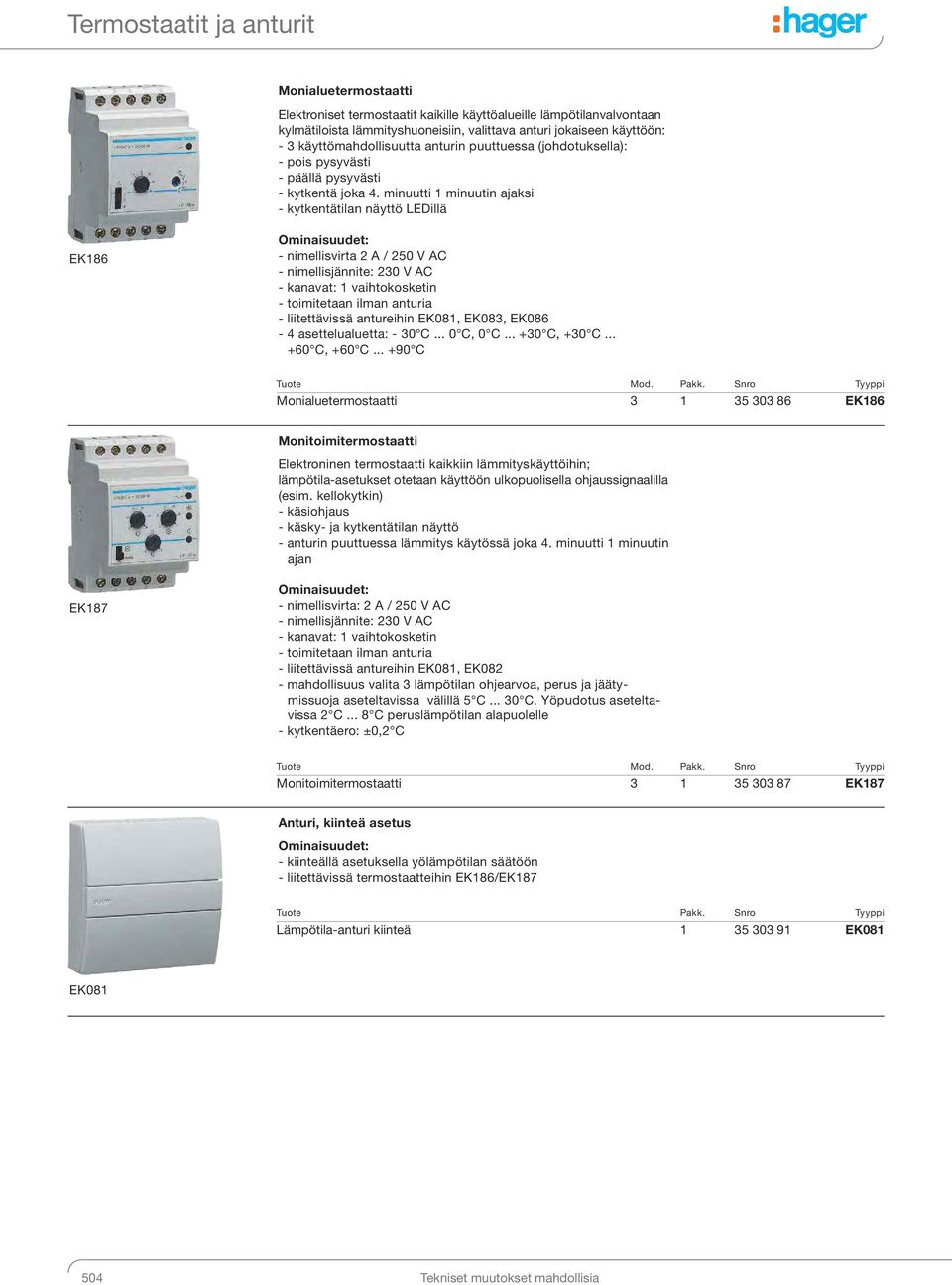 minuutti 1 minuutin ajaksi - kytkentätilan näyttö LEDillä EK186 - nimellisvirta 2 A / 250 V AC - nimellisjännite: 230 V AC - kanavat: 1 vaihtokosketin - toimitetaan ilman anturia - liitettävissä