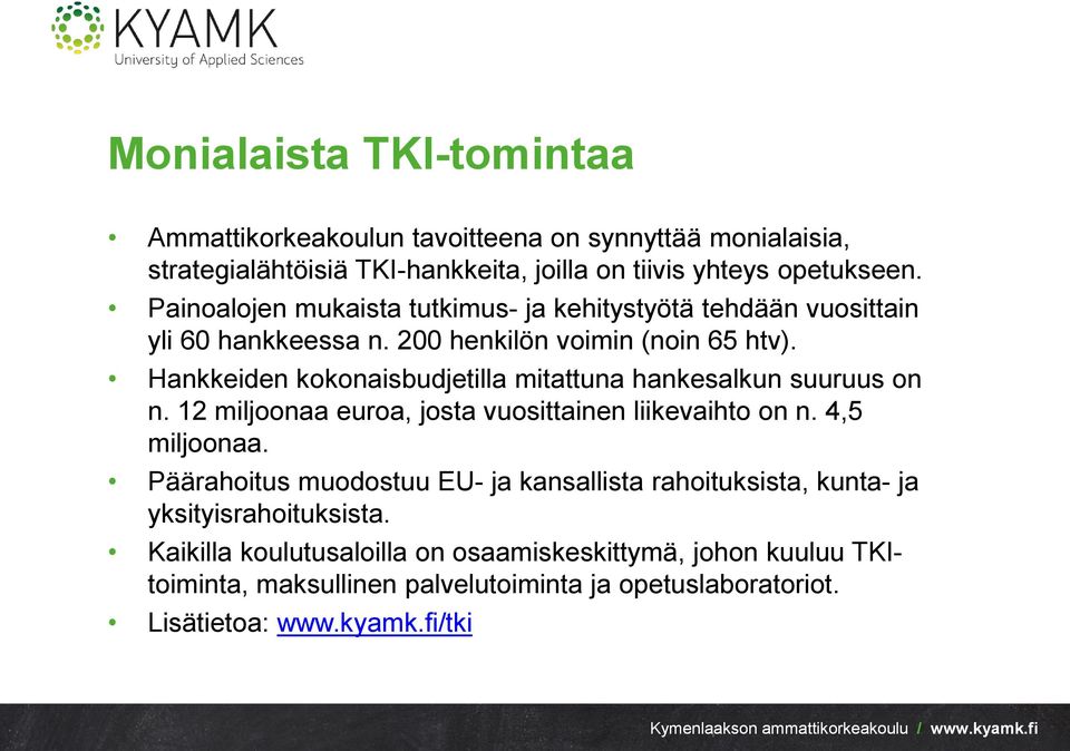 Hankkeiden kokonaisbudjetilla mitattuna hankesalkun suuruus on n. 12 miljoonaa euroa, josta vuosittainen liikevaihto on n. 4,5 miljoonaa.
