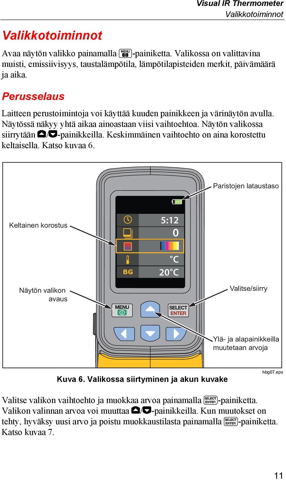 Näytössä näkyy yhtä aikaa ainoastaan viisi vaihtoehtoa. Näytön valikossa siirrytään /-painikkeilla. Keskimmäinen vaihtoehto on aina korostettu keltaisella. Katso kuvaa 6.