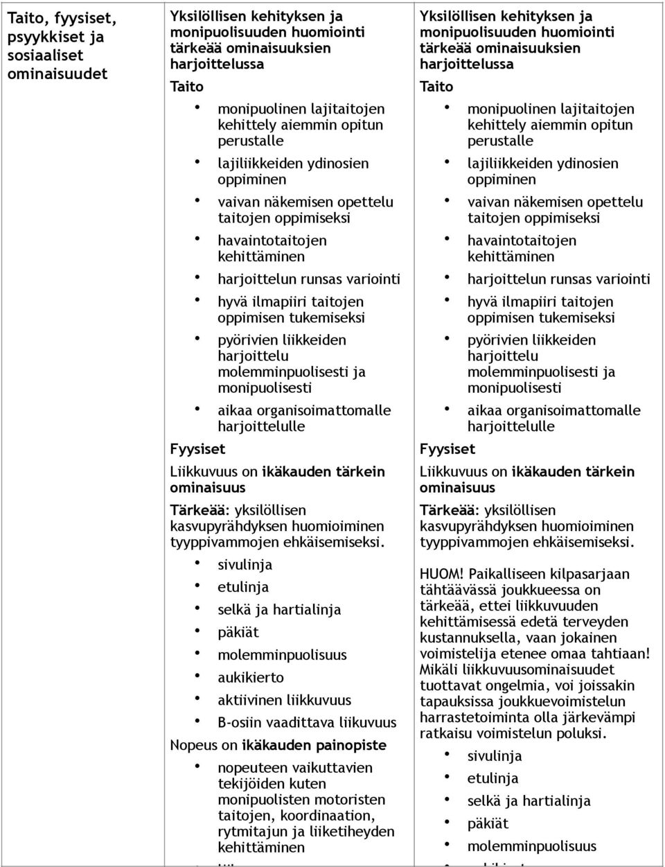 tukemiseksi pyörivien liikkeiden harjoittelu molemminpuolisesti ja monipuolisesti aikaa organisoimattomalle harjoittelulle Fyysiset Liikkuvuus on ikäkauden tärkein ominaisuus Tärkeää: yksilöllisen