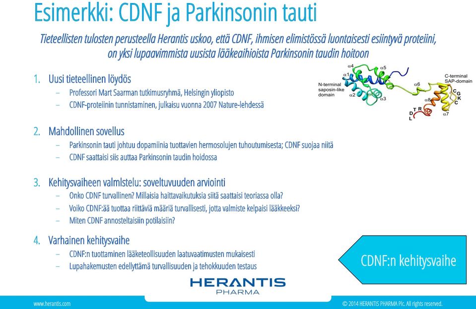 Mahdollinen sovellus Parkinsonin tauti johtuu dopamiinia tuottavien hermosolujen tuhoutumisesta; CDNF suojaa niitä CDNF saattaisi siis auttaa Parkinsonin taudin hoidossa 3.