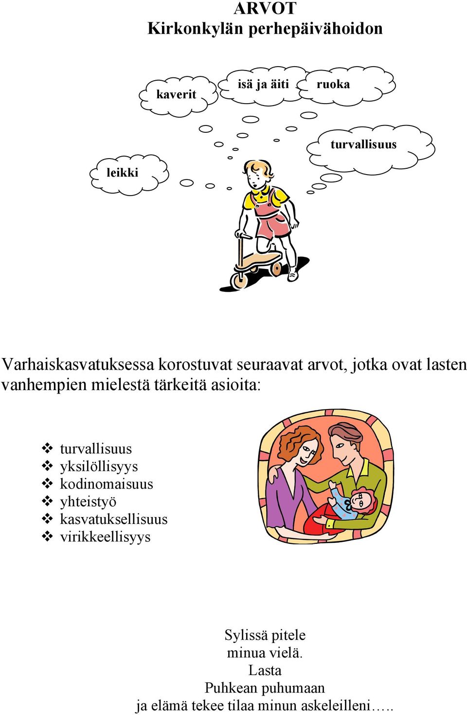 tärkeitä asioita: turvallisuus yksilöllisyys kodinomaisuus yhteistyö kasvatuksellisuus