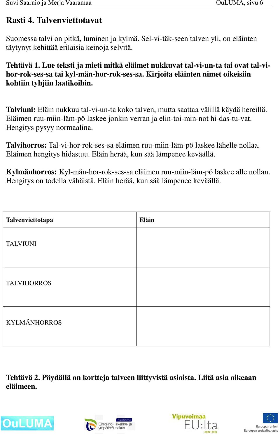 Talviuni: Eläin nukkuu tal-vi-un-ta koko talven, mutta saattaa välillä käydä hereillä. Eläimen ruu-miin-läm-pö laskee jonkin verran ja elin-toi-min-not hi-das-tu-vat. Hengitys pysyy normaalina.