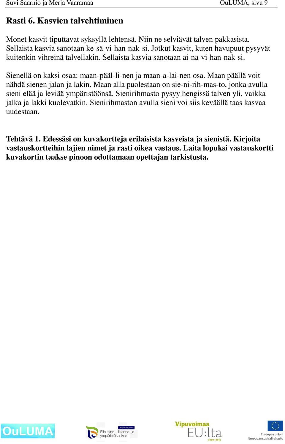 Sienellä on kaksi osaa: maan-pääl-li-nen ja maan-a-lai-nen osa. Maan päällä voit nähdä sienen jalan ja lakin.