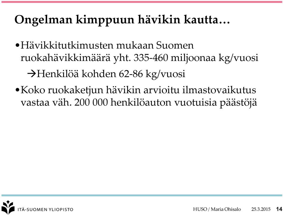 335-460 miljoonaa kg/vuosi Henkilöä kohden 62-86 kg/vuosi Koko