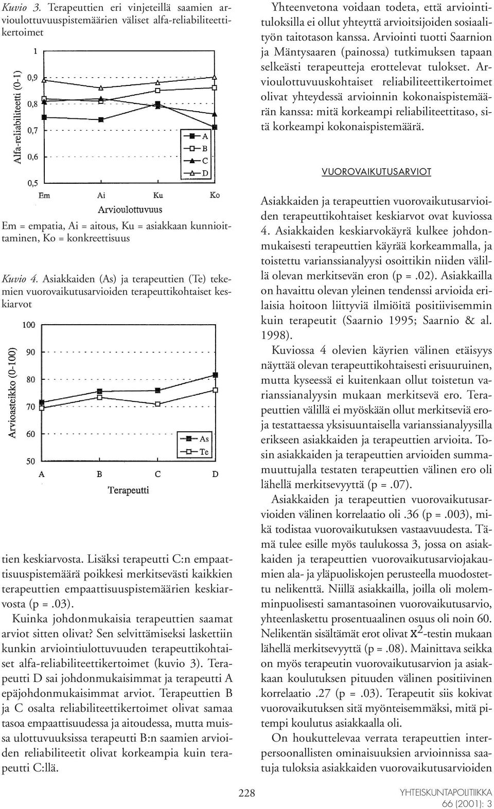 sosiaalityön taitotason kanssa. Arviointi tuotti Saarnion ja Mäntysaaren (painossa) tutkimuksen tapaan selkeästi terapeutteja erottelevat tulokset.