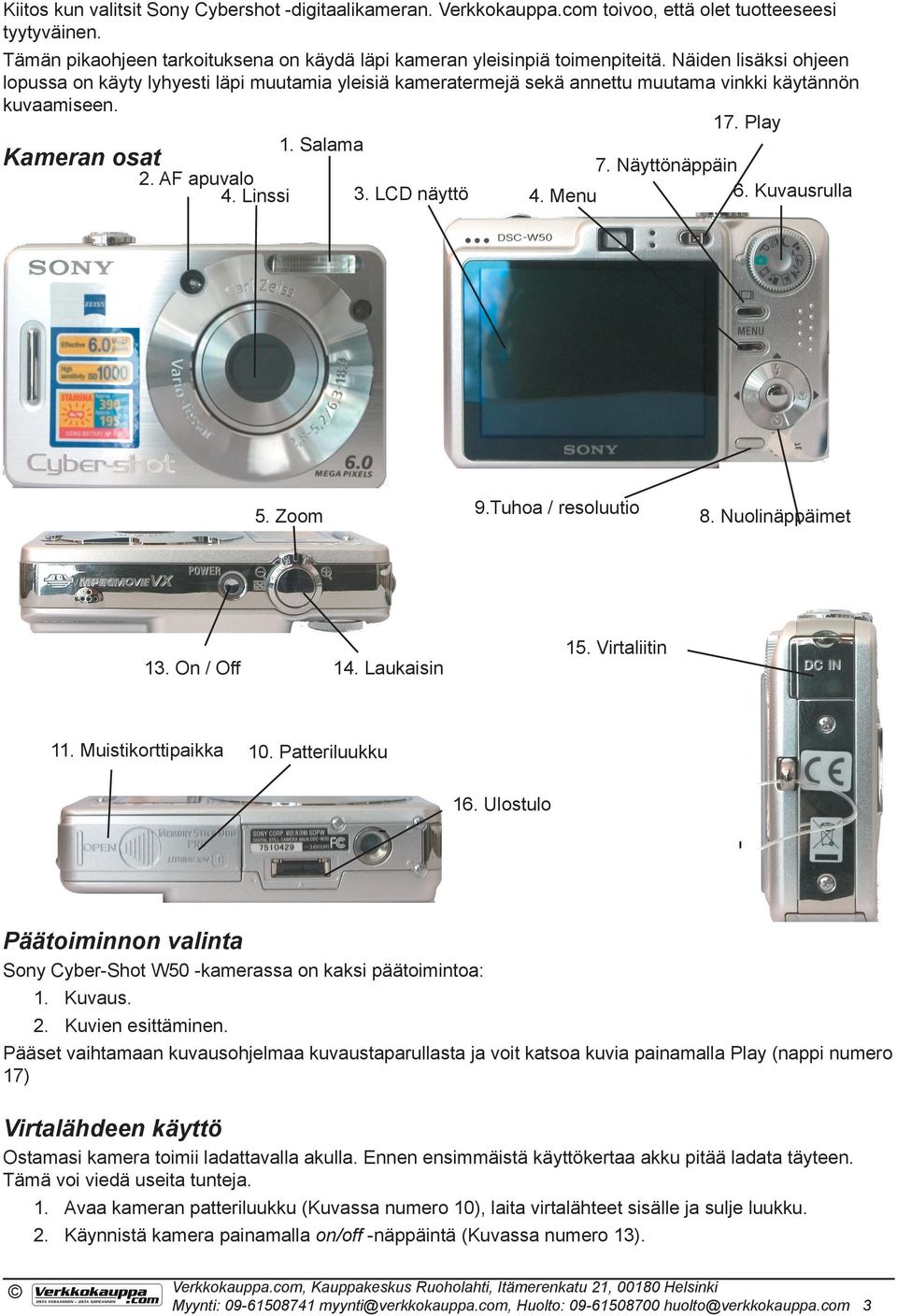 Kuvausrulla 3. LCD näyttö 4. Linssi 4. Menu 9.Tuhoa / resoluutio 5. Zoom 13. On / Off 11. Muistikorttipaikka 8. Nuolinäppäimet 15. Virtaliitin 14. Laukaisin 10. Patteriluukku 16.